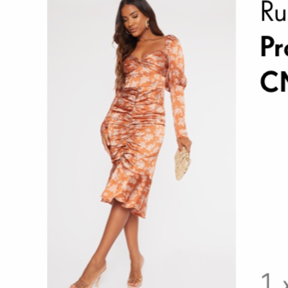 Rust Puff Sleeve Ruched Detail Frill Hem Midi Dress - Picture 4 of 6